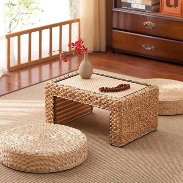 Travesseiro palha natural redonda pouf tatami yoga tapete futon cadeira de assento no chão meditação decorativa tecido decorativo