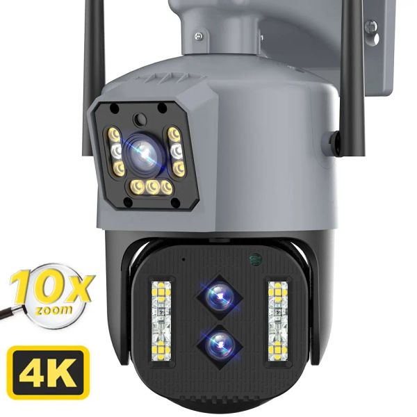 System IP -Kamera Outdoor 8MP 4K HD 10x Optical Zoom WiFi PTZ Kamera Drei Objektive Dual -Bildschirme Auto Tracking Audio -Sicherheit CCTV -Kamera