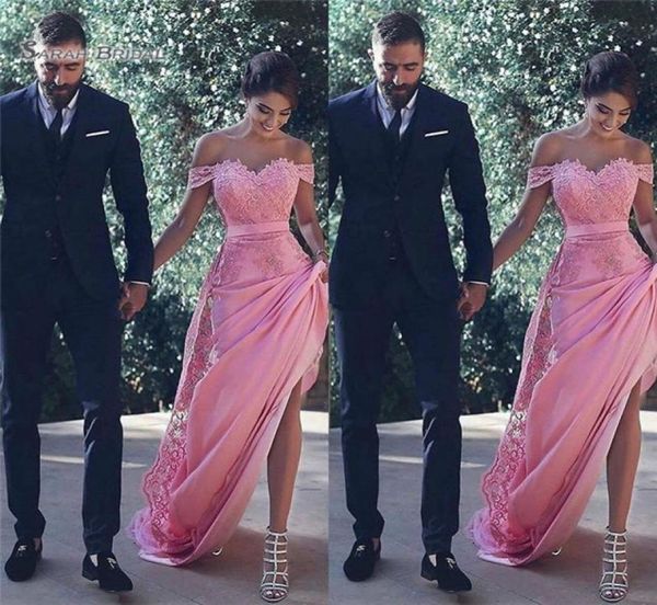 2019 Pink Off Schulter mit Applikationen Grad Kleid ärmellose Highend Lace und Satin Vestidos de Novia Party Gown8855007