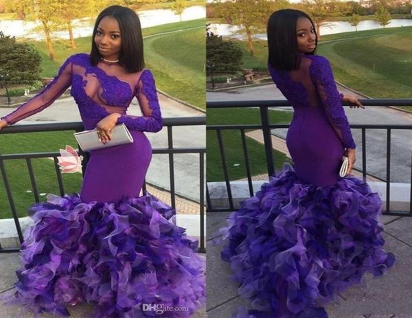 2018 abiti da sera a maniche lunghe viola africane Appliques in pizzo alette alette per tulle a lettere abiti da ballo da ballo Vietidos Black Girls Black Girls PA7798141