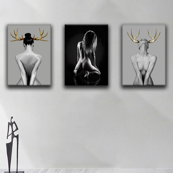 Moda de mulher nua artes de parede pintando preto e branco Sexy Naked Model Poster