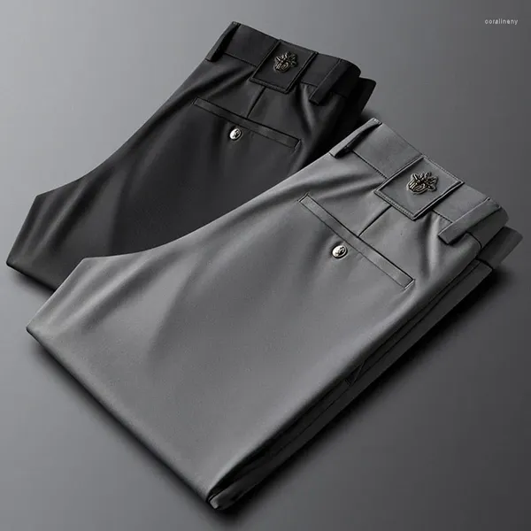 Calça masculina cintura de abelha pequena impressão de negócios casuais homens finos vestido fino de verão