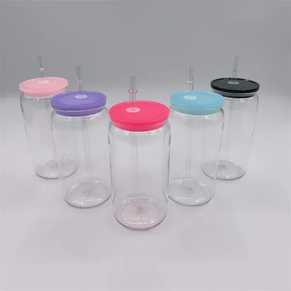 Un -breakablea 16oz Clear Plastic Dose Cups Acryl Tumbler wiederverwendbares BPA Free Mason Sippy Tasse Trinken kaltes Saftglasgetränk Becher mit farbigen Deckeln für UV -DTF -Wraps