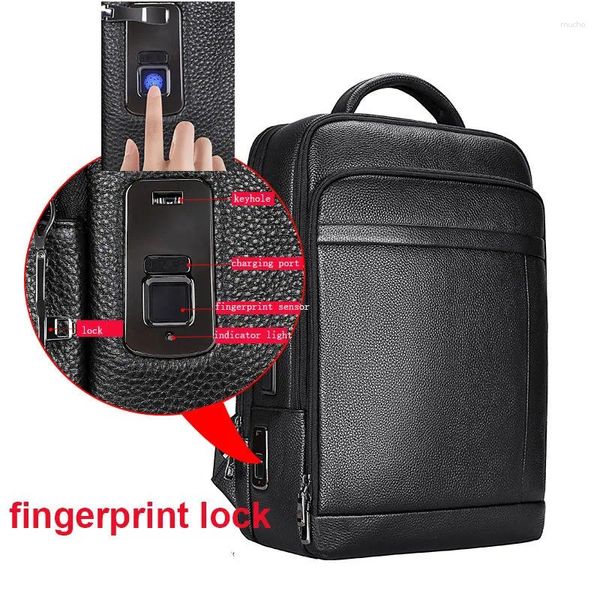 Backpack Print Lock Men USB Laptop de couro genuíno Anti -roubo Backpacks School Mackpacks