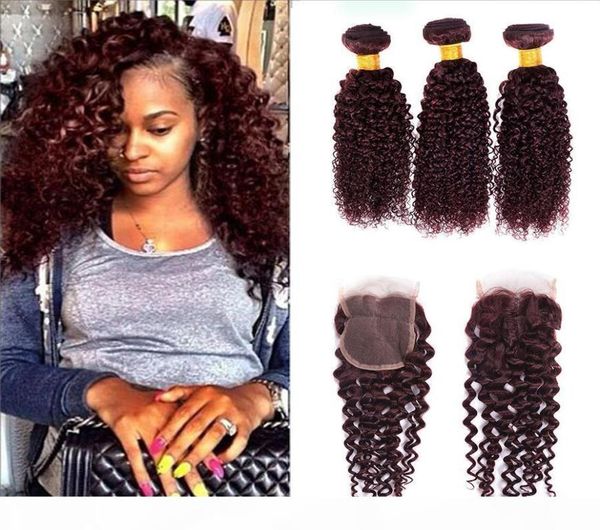 99j Burgundy Burgundy Brasilian Curly Virgin Hair con chiusura 4x4 CHIEDI UMANI BRASILI CURLY WEAVE 3 FRANDLE con tre medio L9340731