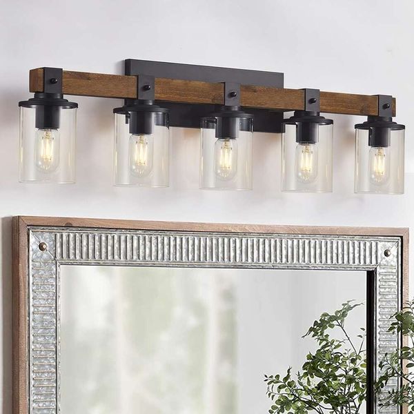 Lâmpada de madeira de 6 luzes de 6 luzes de Dujahmland com tons de vidro transparentes - acessório industrial de montagem na parede para decoração de banheiro da fazenda