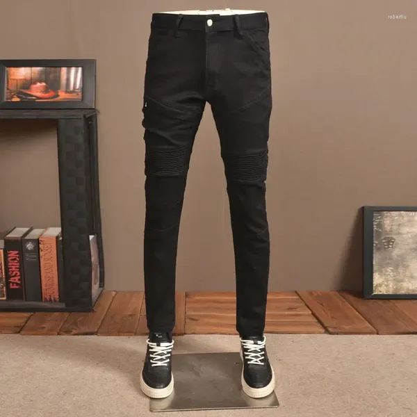 Jeans High Street Fashion Men Black Stretch Skinny Fit Biker Homme Splosed Designer Zipper Pocket Hip Hop pantaloni in denim