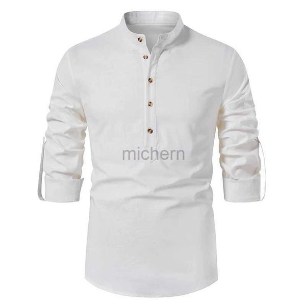 Camisas casuais masculinas roll roll up mandarim colar camisa masculina 2024 marca de algodão henley negócios masculino quimise homme 240416