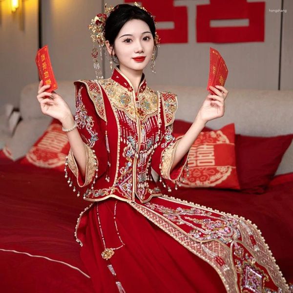Этническая одежда китайское свадебное платье Syle Sdim Toasting Suits Большой размер вечерний шоу шоу кимоно -невесты тост костюм
