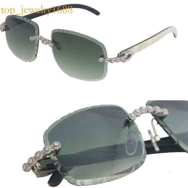 Óculos de sol Moissanite Diamond Set Rimless Womans Original Branco dentro do búfalo preto Homens Men vintage Lente esculpida Big Stones Glasses Style Classic