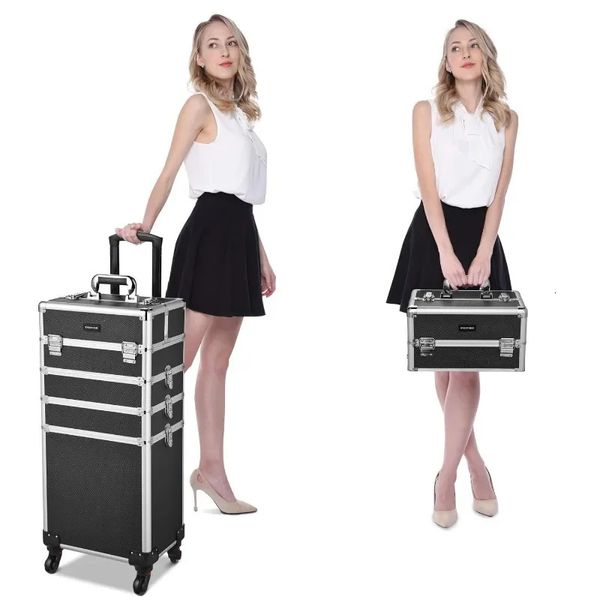 Vonootique Rolling Fashion Make -up Train Case 4in1 Kosmetischer Trolley Organisator Reiseschleif Salon Barber Travel Cart Trunk 240416