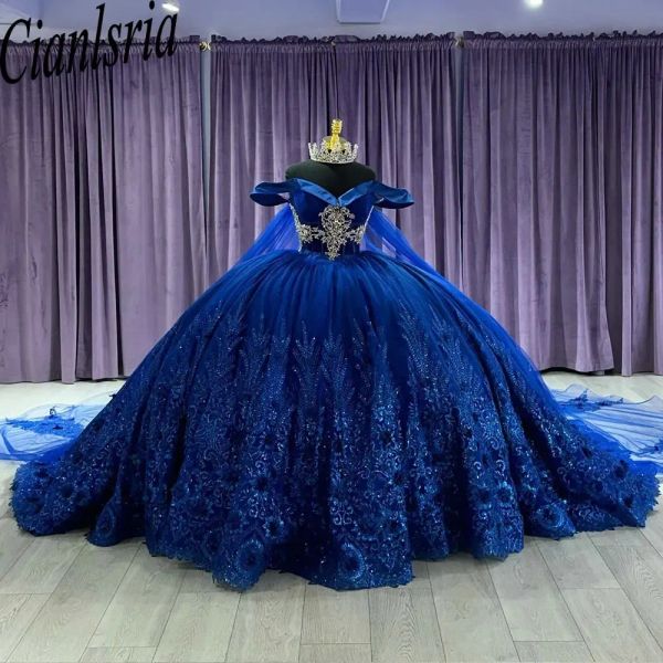 Royal Blue Off the Schulter Pailletten Appaliques Ballkleid Quinceanera Kleider mit Cape 3D Blumen Korsett Vestidos de 15 Anos