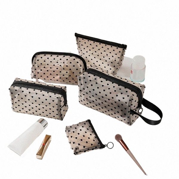 2024 New Mesh Hearts Pattern Makeup Bag Mini Cosmético bolsa transparente kits de higiene pessoal portátil Bolsas de armazenamento de batom portátil D0MT#