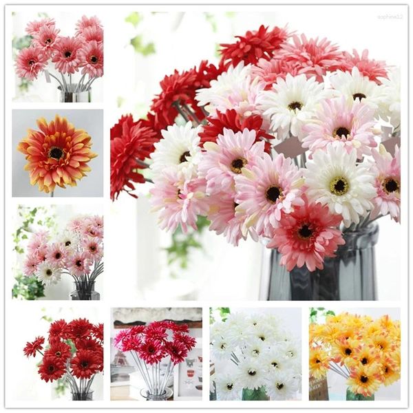 Flores decorativas simuladas de borracha amarela de borracha rosa crisântemo plantas artificiais Bonsai Grass Home Party Wedding Decoration