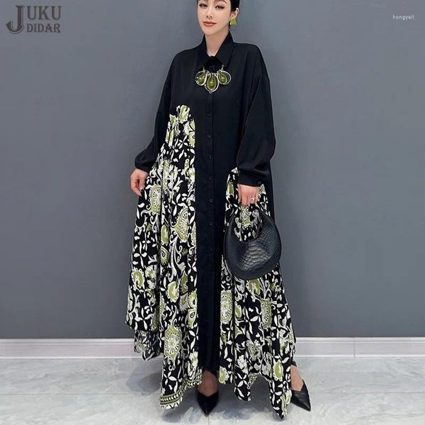 Abiti casual parte stampata a manica lunga si unisce alla donna in stile coreano abito nero in forma sciolta chic chic indossano abiti di grande dimensione jjxd737