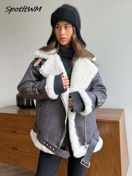 Jackets femininos Casaco de pele de lã de cordeiro com cinto para mulheres 2024 Autumn Winter Llapel Collar Lear