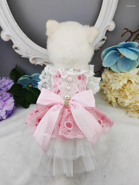 Vestido de cachorro roupas artesanais de roupas de estimação vestido de renda rosa Big Ribbon Acessórios de arco de tule Princesa Princess One Party Holiday Poodle