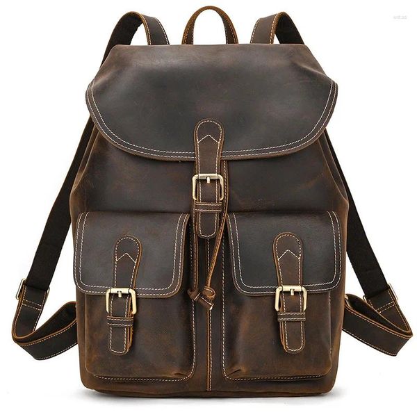 Backpack de alta qualidade A4 Vintage Brown Black Coffee Top Grain Couro genuíno 14 '