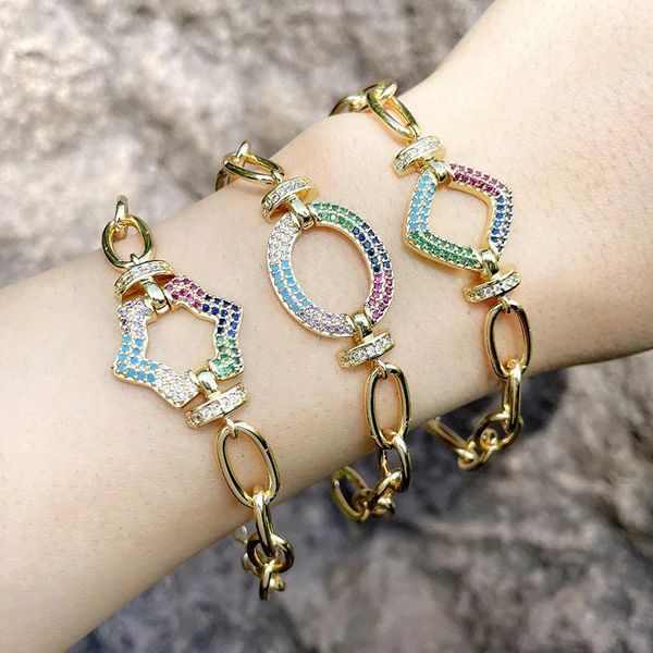 Bracelets de charme Trendy Gold Chain banhado a ouro Coroa geométrica Round Crown Colorido Pavor de zircônia Crystal Star Bangle for Women Jewelry Gift