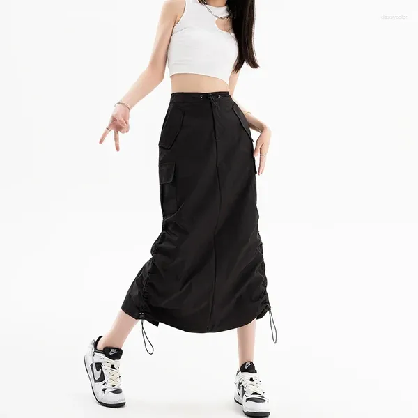 Röcke Amerikanische Retro-Frachtrock für Frauen Sommerschlitz-Design Kordelstring hohe Taille mit mittlerer Länge Y2K Streetwear Modekleidung