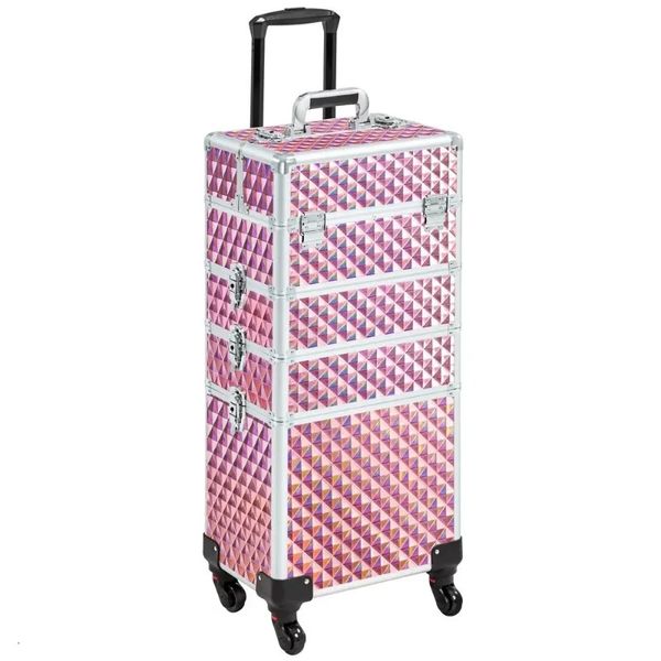 Easyfashion 4in1 Aluminium Rolling Makeup Trem Case Glitter Pink 240416