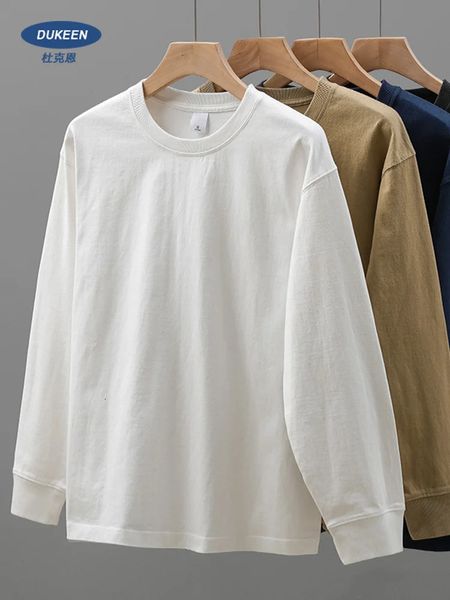 Dukeen 320GSM в тяжелом весе на рубашках с длинными рукавами для мужчин 100%хлопковые пружины и осенние свободные топы простые белые майки футболки 240409