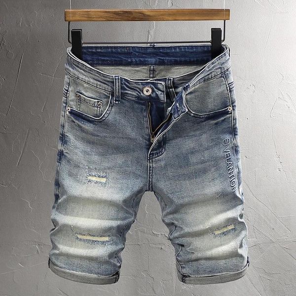 Jeans masculinos Summer Ly Moda Men Retro lavado Elastic Hole Ripped Ripped Retidado designer em relevo vintage shorts de jeans HOMBRE