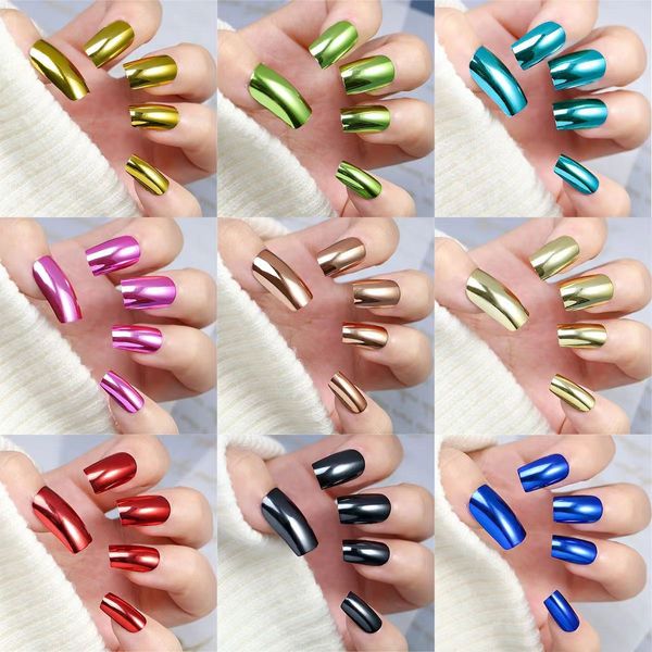 Mode metallische falsche Nägel 24 pcs mit Jelly Kleber -Nagelaufkleber Voller Abdeckung Tragbarer Falsch Nagel wiederverwendbare DIY -Nägelkunstwerkzeuge