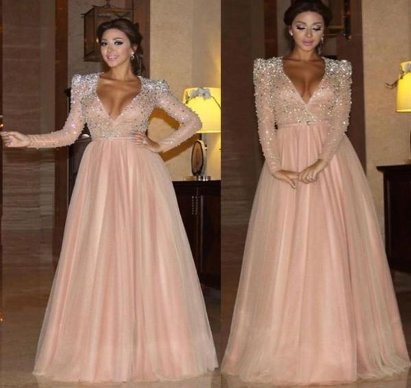 Myriam Tarife 2019 Formale Abschlussballkleider Langarm Vneck Arabische Abendkleider mit Kristallen Perlen billige Promi -Kleider9818978