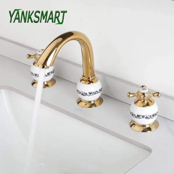 Banyo Lavabo muslukları Yanksmart 3 PCS Seramik mermer kollu altın musluk güverte monte edilmiş havza miktarı su musluk küvet kaseira