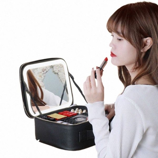 Novo estojo de cosméticos de LED inteligente com Mirror Cosmetic Bag Women Women de grande capacidade FI Bolsa de armazenamento portátil Bolsa de maquiagem Bolsa M9UH#