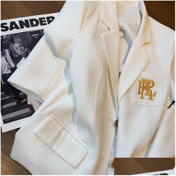 Damenanzüge Blazer Brief Stickerei Anzug Jacke Weiß für Frauen Langarm übergroß