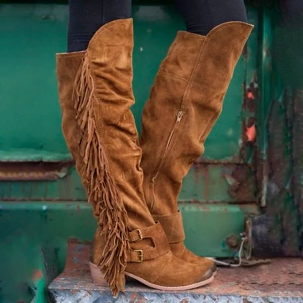 Brown Khaki Grey Boots Crowning High Heel обувь для женщин Retro Fringe Squre Heel на колене на молнии Botas Zapatos Para Mujeres 240411