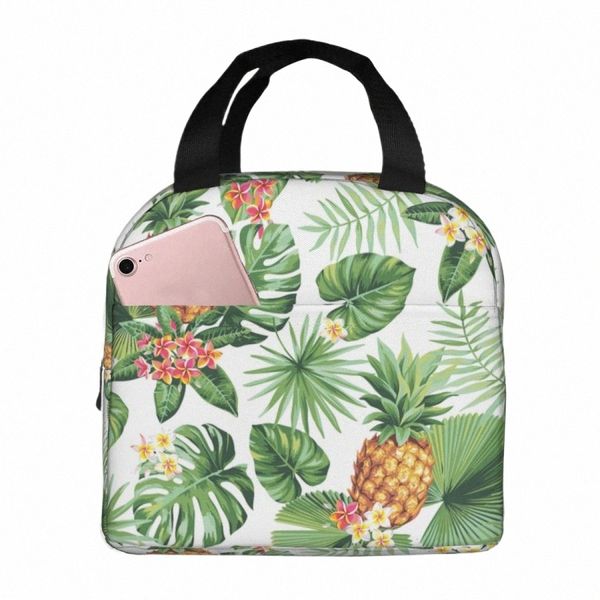 Fruta tropical FR Floral Green Plant Bag Bag portátil de lona portátil Cooler Piquenique térmico lancheira para mulheres D7T8#