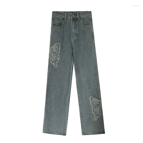 Jeans femininos Vintage Mulheres Blue jeans calças de borboleta desgastada Canda alta feminina reta Versátil roupas casuais calças