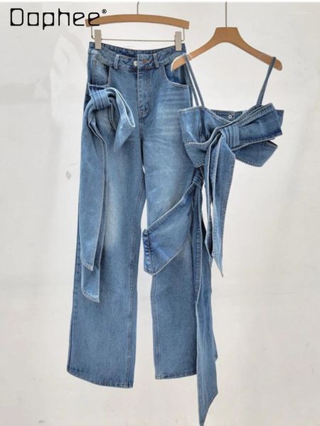 Frauen Jeans Vintage Mode gerade Wide Leg Women 2024 Spring Retro Girl Dreidimensionales Bogenrohr Top Weste High Street