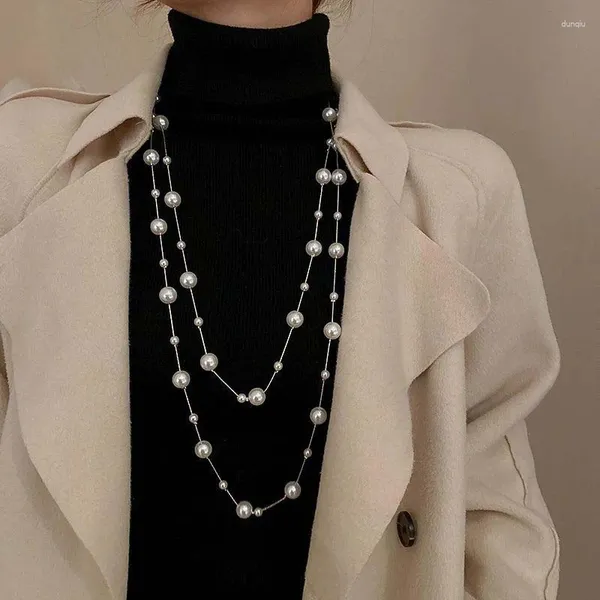 Anhänger Halskette Vintage weiß simulierte Perlenkette für Frauen elegante lange Doppelschicht -Pullover Kette Jewlery Geschenke 2024