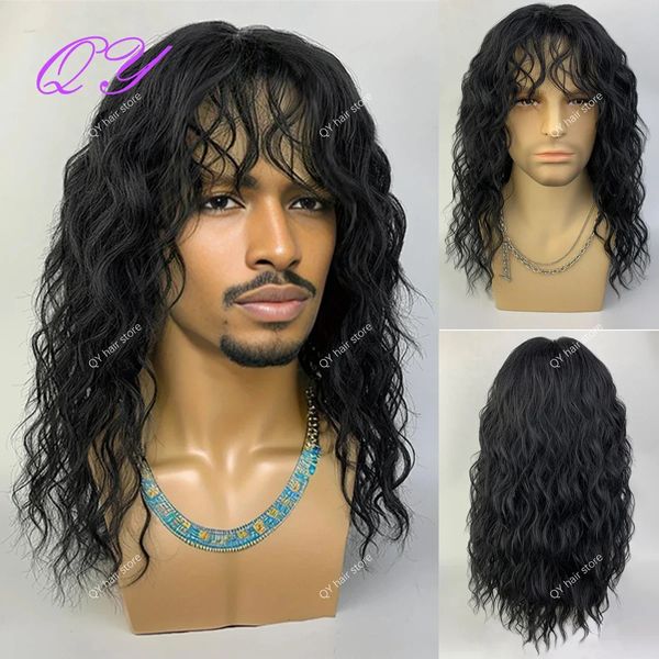 Synthetic Black Long Hair Perücke für Männer Rock and Roll Haartuelle Qualität natürlicher Wasserwellen lockig mit Pony Männliche Perücke 240416