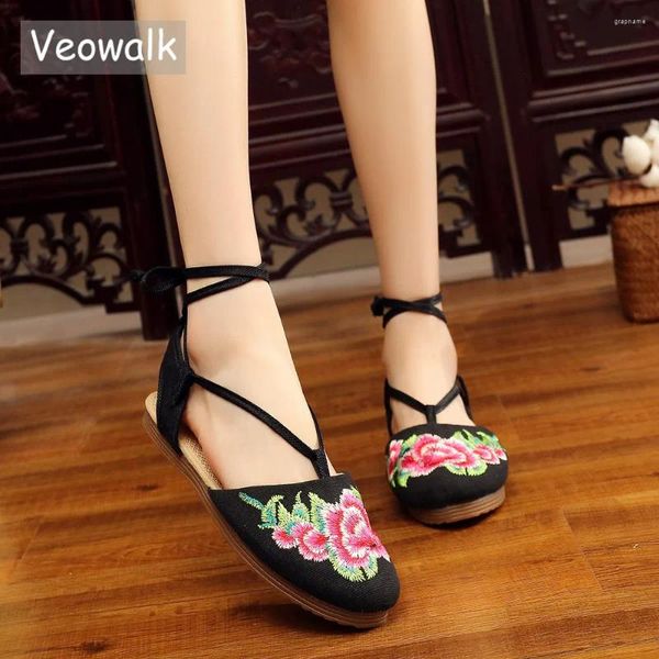 Sapatos casuais veowalk verão feminino feminino bordado floral slingbacks slingbacks tira tornozelo tira retro ladras confortáveis balés