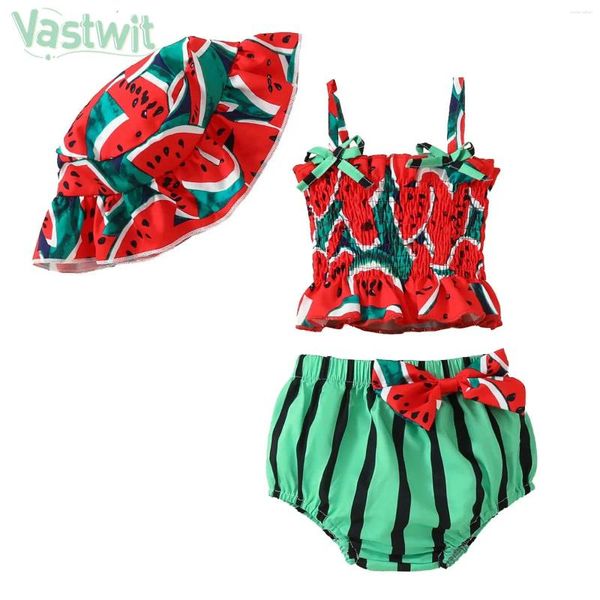 Roupas conjuntos para criança meninas meninas verão verão melancia de impressão de roupa de roupa sem mangas Camisole com bloomers chapéu diariamente traje de pografia