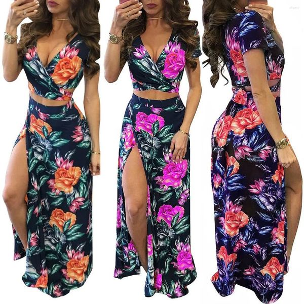 Abiti da lavoro in stile classico Donne Crop Top e Maxi Skirt Suit Summer Floral Stampa Beach Boho 2 pezzi Abiti abbinati