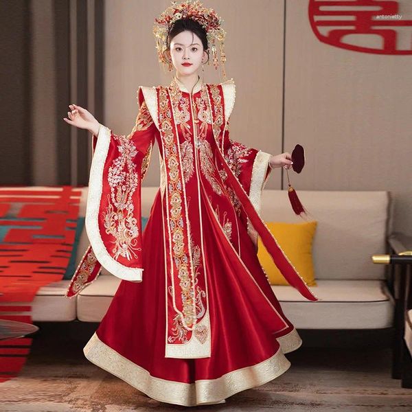 Vestido étnico 2024 Xiuhe Vestido noiva Vestido de noiva chinês Glitter vermelho Torrinho de luxo de capa de casaco Longfeng Tang Suit