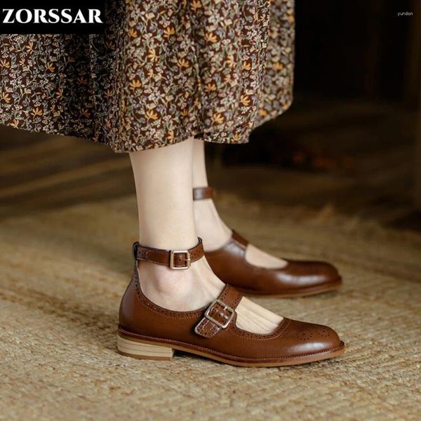 Freizeitschuhe Frauen Wohnungen Doppelschnalle Mary Janes Schwarzbraune Retro Brogues Leder für weibliche Gurt Damen Kleid