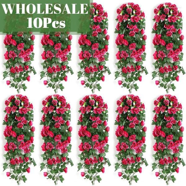 Flores decorativas por atacado 10pc rosa videira de videira artificial decoração de festas de casamento pendurado guirlanda flor falsa flor de natal casa decoração