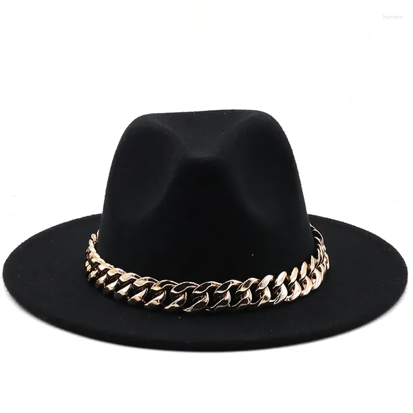 Boinas do chapéu das mulheres larga banda de ouro grossa banda de ouro clássico clássico preto bege feltrado panamá cowboy jazz mass bonés luxo fedora feminino chapéu