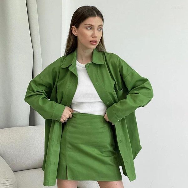 Женские блузки 2024 Spring Green Pure Cotton Polo воротник с длинными рукавами расщепленная рубашка расщепленная высокая талия набор двух кусочков