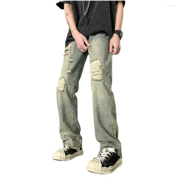 Calça jeans masculina reta 50%poliéster 50%algodão casual moda diária para férias férias coreanas rasgadas confortáveis