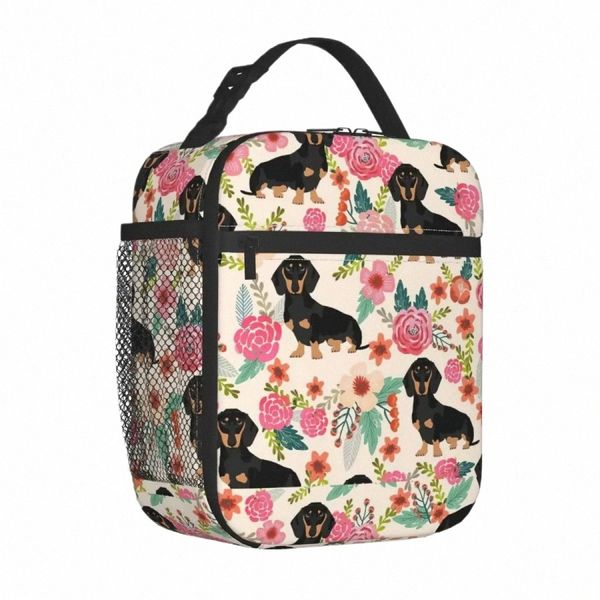 florale Dackel dackel isoliertes Lunchbeutel tragbare Tier Carto Mahlzeit Ctainer Kühlertasche Tasche Lunchkasse Outdoor Frauen Q2ZK#