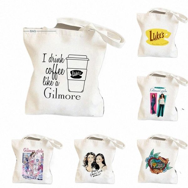 Я пью кофе, как Gilmore Girl Print Print Shopper Женский холст, повседневная сумка, женщины, хараджуку, сумочка, мешки для магазина, r1mq#