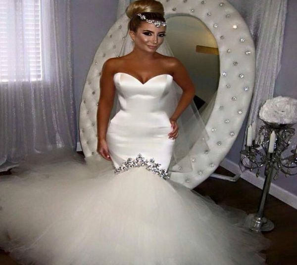 Schatz Satin Meerjungfrau Brautkleider funkelnde Kristalle Puffy Tulle Zipper Court Zug Brautkleider Mitte MADE MADEM VESTIDOS DE NOVI7819590